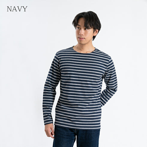 【日本製】 ボーダー tシャツ メンズ 長袖 バスクシャツ クルーネック 丸首 厚手 綿100% ネイビー(STKB24-059-na)