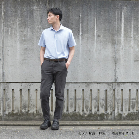 【日本製】 ポロシャツ メンズ 半袖 ビジネスカジュアル 形態安定 ストレッチ ワイドカラー ヘアラインストライプ サックス(SPKB24-072-sa)