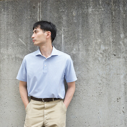 【日本製】 ポロシャツ メンズ 半袖 ビジネスカジュアル 形態安定 ストレッチ ワイドカラー ヘアラインストライプ ブルー(SPKB24-072-bl)