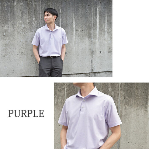 【日本製】 ポロシャツ メンズ 半袖 ビジネスカジュアル 形態安定 ストレッチ ワイドカラー ヘアラインストライプ サックス(SPKB24-072-sa)