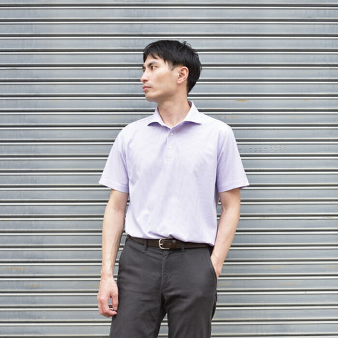 【日本製】 ポロシャツ メンズ 半袖 ビジネスカジュアル 形態安定 ストレッチ ワイドカラー ヘアラインストライプ サックス(SPKB24-072-sa)