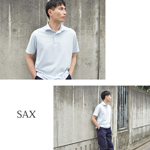 【日本製】 ポロシャツ メンズ 半袖 ビジネスカジュアル 形態安定 ストレッチ ワイドカラー ヘアラインストライプ サックス(SPKB24-072-sa)