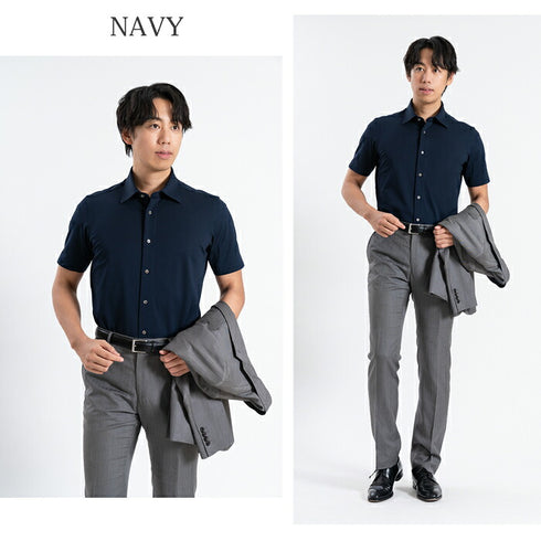 【日本製】 ワイシャツ メンズ 半袖 ビジネス 鹿の子 柔らかい イージーケア ノーアイロン 無地 ワイドカラー ブラック(SHKN24-065-bk)