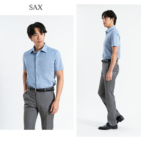 【日本製】 ワイシャツ メンズ 半袖 ビジネス 鹿の子 柔らかい イージーケア ノーアイロン 無地 ワイドカラー ブラック(SHKN24-065-bk)