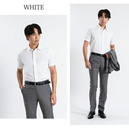 【日本製】 ワイシャツ メンズ 半袖 ビジネス 鹿の子 柔らかい イージーケア ノーアイロン 無地 ワイドカラー ホワイト(SHKN24-065-wh)