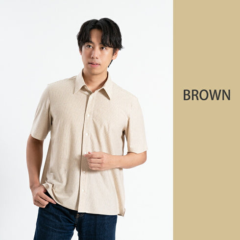 【日本製】 ワイシャツ メンズ 半袖 ビジネスカジュアル ストライプ オーガニックコットン 綿100% レギュラーカラー ブラウン(SHKB24-071-br)