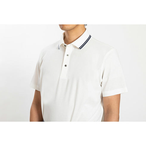 【日本製】 ポロシャツ メンズ ビジネス 半袖 鹿の子 吸水速乾 カノコ 無地 リブ襟 ライン入り ネイビー(2021-PRM4-na)