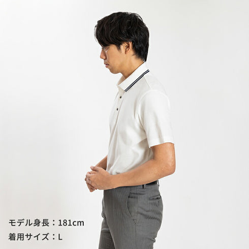 【日本製】 ポロシャツ メンズ ビジネス 半袖 鹿の子 吸水速乾 カノコ 無地 リブ襟 ライン入り ネイビー(2021-PRM4-na)