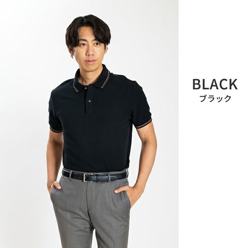 【日本製】 ポロシャツ メンズ 半袖 鹿の子 カノコ 綿100% リブ襟 ヘリンボーン 無地 ブラック(SPKB24-083-bk)