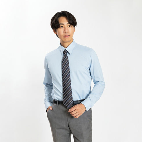 【日本製】 ワイシャツ メンズ ビジネス 長袖 スリムフィット 吸水速乾 ストレッチ ノーアイロン 無地 レギュラーカラー イージーフォーマルシャツ サックス(SNKN24-073FM-sa)