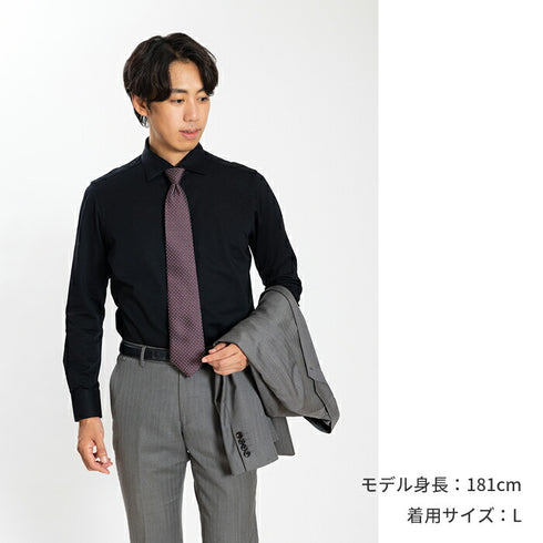 【日本製】 ワイシャツ メンズ ビジネス 長袖 鹿の子 吸水速乾 ストレッチ ノーアイロン 無地 ワイドカラー ネイビー(SNKN24-082-na)