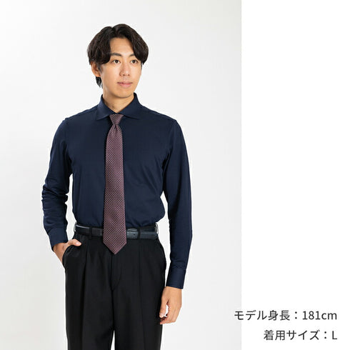 【日本製】 ワイシャツ メンズ ビジネス 長袖 鹿の子 吸水速乾 ストレッチ ノーアイロン 無地 ワイドカラー ネイビー(SNKN24-082-na)
