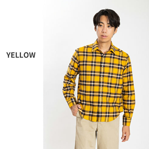 【日本製】チェックシャツ メンズ 長袖 綿100% オーガニックコットン レギュラーカラー イエロー(SNFB24-077-ye)