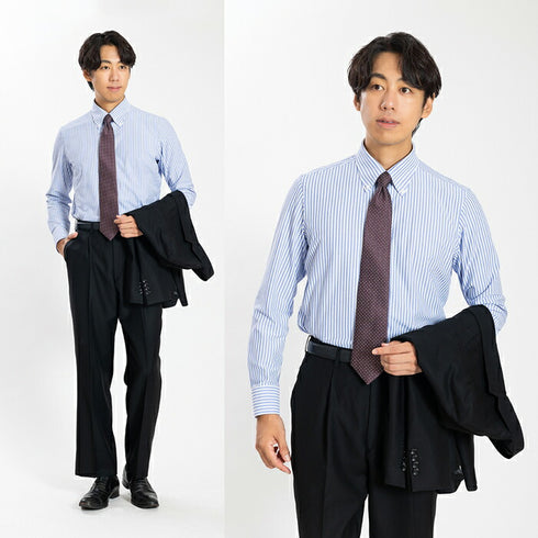 【日本製】ワイシャツ メンズ 長袖 ビジネス カジュアル イージーケア ノーアイロン ストライプ ボタンダウン ネイビー(SNKN24-080-na)