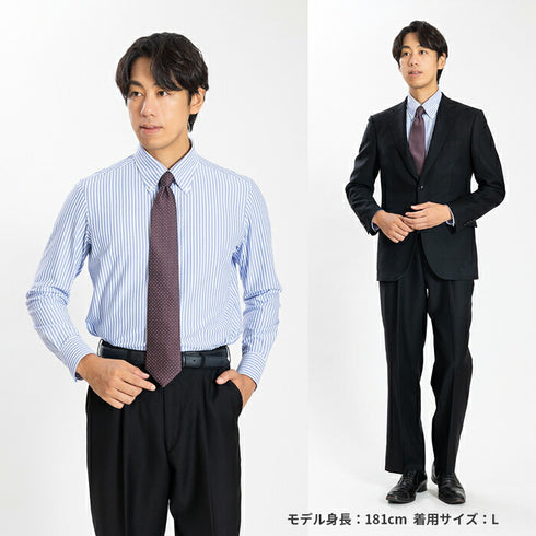 【日本製】ワイシャツ メンズ 長袖 ビジネス カジュアル イージーケア ノーアイロン ストライプ ボタンダウン ネイビー(SNKN24-080-na)