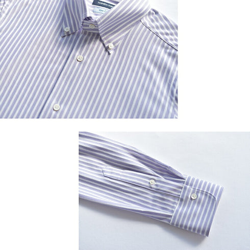 【日本製】ワイシャツ メンズ 長袖 ビジネス カジュアル イージーケア ノーアイロン ストライプ ボタンダウン パープル(SNKN24-080-pu)