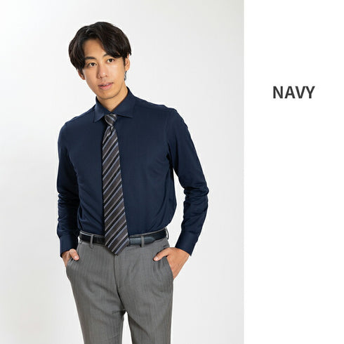 【日本製】ワイシャツ メンズ 長袖 ビジネス 吸水速乾 イージーケア 無地 ワイドカラー ハニカムメッシュ ネイビー(SNKN24-068-na)