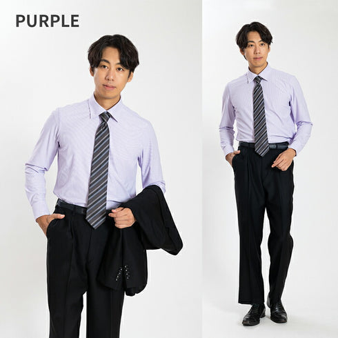 【日本製】ワイシャツ メンズ 長袖 ビジネス カジュアル イージーケア ノーアイロン セミワイドカラー 細ストライプ パープル(SNKN24-079-pu)