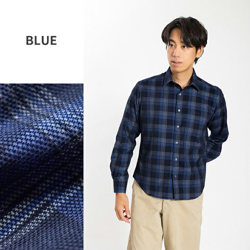 【日本製】チェックシャツ メンズ 長袖 暖かい コーデュロイ レギュラーカラー ブルー(SNFB24-076-bl)