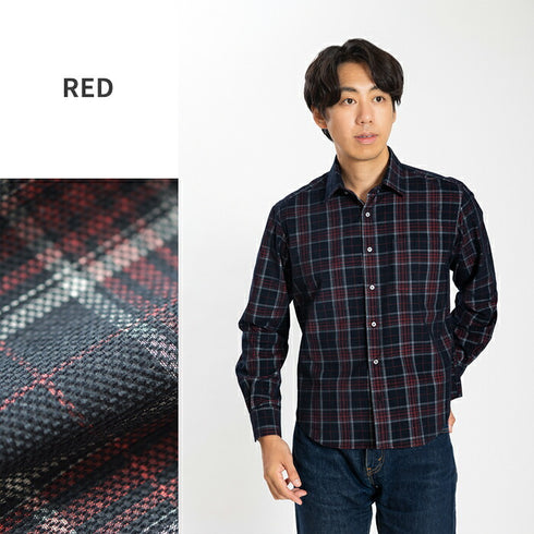 【日本製】チェックシャツ メンズ 長袖 暖かい コーデュロイ レギュラーカラー ブルー(SNFB24-076-bl)