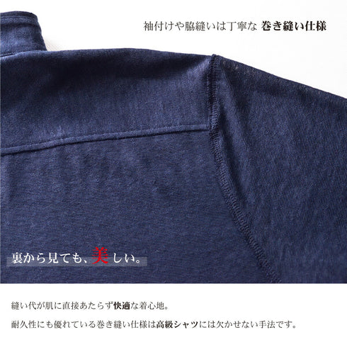 【日本製】 ポロシャツ メンズ 長袖 プレミアム リネン100% 無地 ネイビー(SPKJ23-024-na)