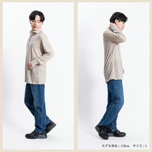 【日本製】 ポロシャツ メンズ 長袖 プレミアム リネン100% 無地 ブルー ブルーグリーン(SPKJ23-024-bl )