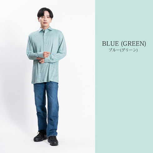 【日本製】 ポロシャツ メンズ 長袖 プレミアム リネン100% 無地 ネイビー(SPKJ23-024-na)
