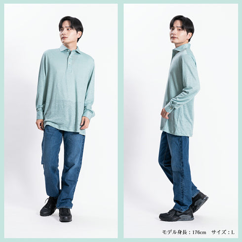 【日本製】 ポロシャツ メンズ 長袖 プレミアム リネン100% 無地 ネイビー(SPKJ23-024-na)