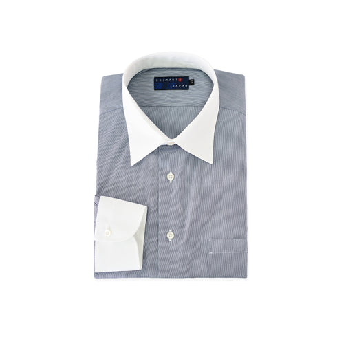 【日本製】 クレリックシャツ メンズ ビジネス 長袖 ワイシャツ ミジンストライプ ネイビー(LFS22-005-na)