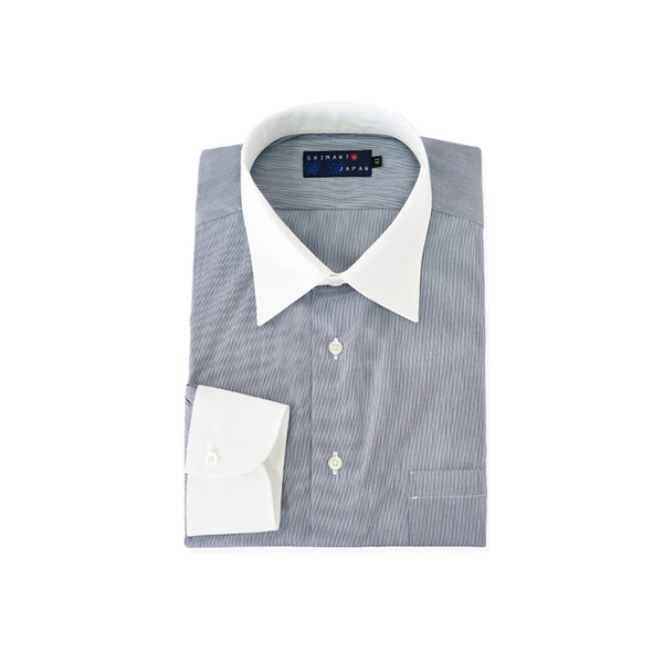 【日本製】 クレリックシャツ メンズ ビジネス 長袖 ワイシャツ ミジンストライプ ネイビー(LFS22-005-na)