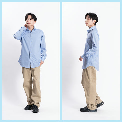 【日本製】ワイシャツ メンズ 長袖 ビジネス チェックシャツ イージーケア ノーアイロン ワイドカラー ブルーチェック(LKS22-001-blc)