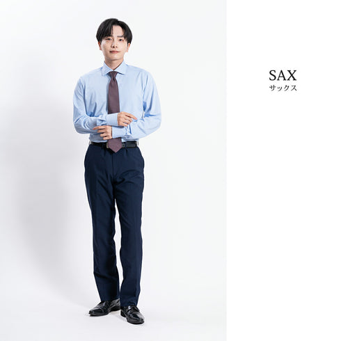 【日本製】 ワイシャツ メンズ ビジネス 長袖 イージーケア ノーアイロン 無地 ワイドカラー イージーフォーマルシャツ サックス(LKS22-012-sa)