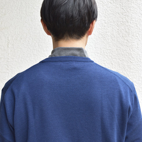 【日本製】 セーター メンズ ビジネス クルーネック 無地 軽い 重ね着 ネイビー(MISO-001-na)