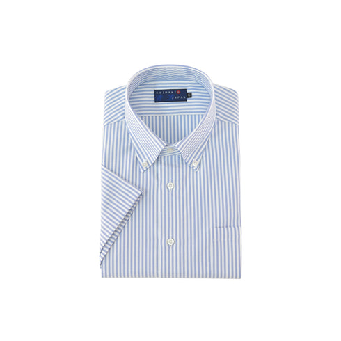 【日本製】 オックスフォードシャツ メンズ 半袖 ボタンダウン ストライプ ブルー(SFS22-009-bl)