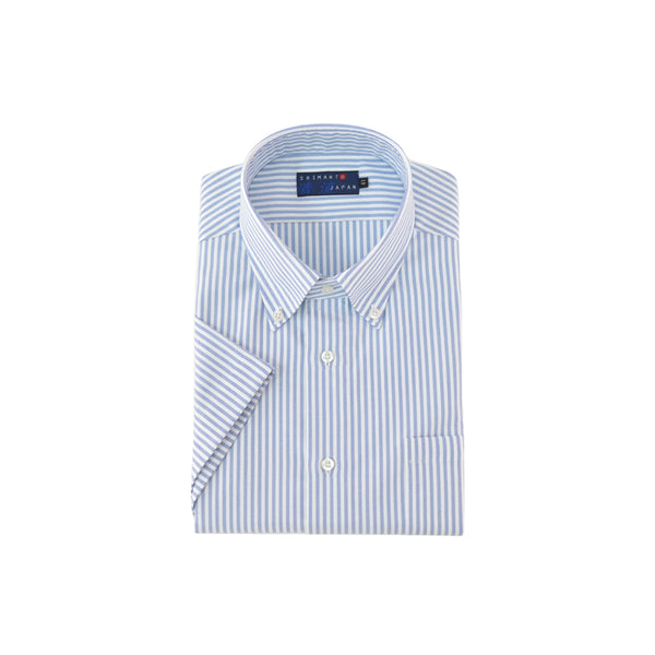 【日本製】 オックスフォードシャツ メンズ 半袖 ボタンダウン ストライプ ブルー(SFS22-009-bl)