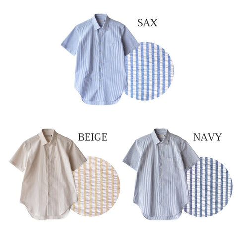 【日本製】 ワイシャツ メンズ 半袖 ビジネスカジュアル ストライプ レギュラーカラー 綿100% サッカー生地 ベージュ(SHFG23-057-be)