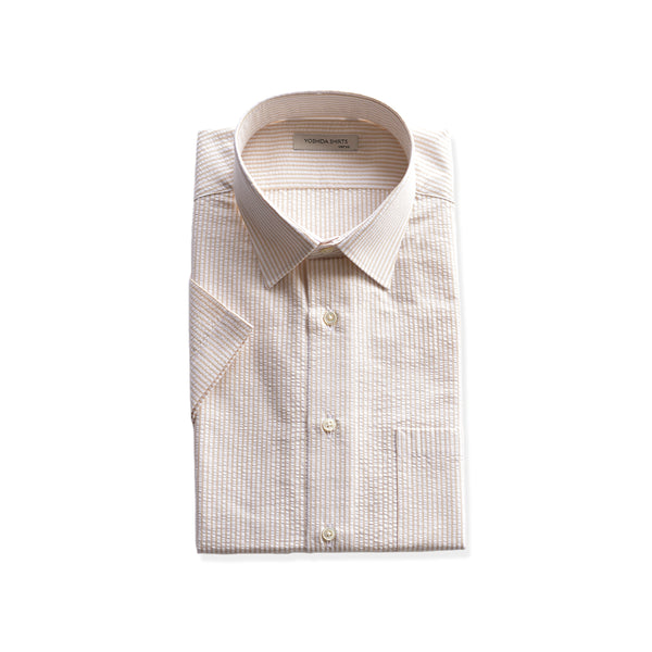 【日本製】 ワイシャツ メンズ 半袖 ビジネスカジュアル ストライプ レギュラーカラー 綿100% サッカー生地 ベージュ(SHFG23-057-be)