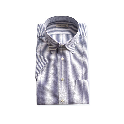 【日本製】 ワイシャツ メンズ 半袖 ビジネスカジュアル ストライプ レギュラーカラー 綿100% サッカー生地 ネイビー(SHFG23-057-na)