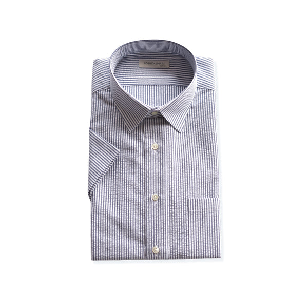 【日本製】 ワイシャツ メンズ 半袖 ビジネスカジュアル ストライプ レギュラーカラー 綿100% サッカー生地 ネイビー(SHFG23-057-na)