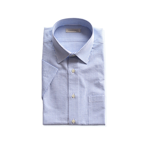 【日本製】 ワイシャツ メンズ 半袖 ビジネスカジュアル ストライプ レギュラーカラー 綿100% サッカー生地 サックス(SHFG23-057-sa)