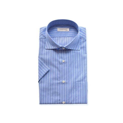 【日本製】 ワイシャツ メンズ 半袖 ビジネス 接触冷感 涼しい 綿100% アイスコットン ストライプ ワイドカラー ブルー(SHFG23-058-bl)