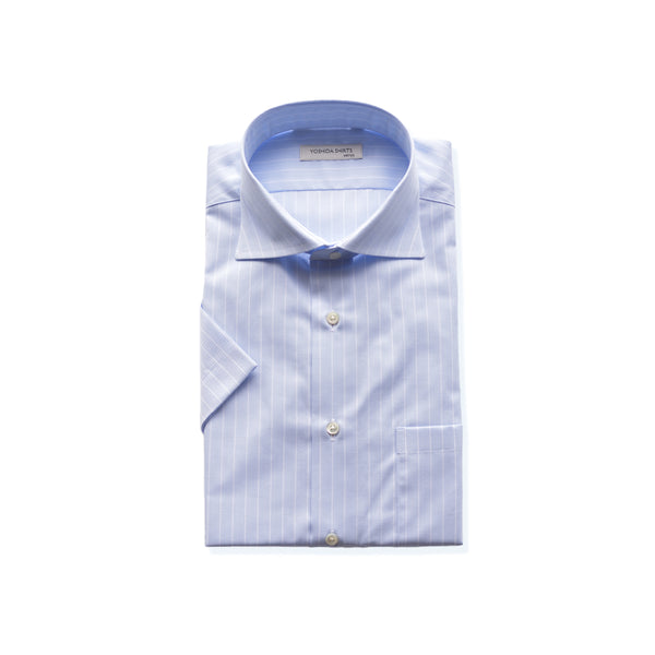 【日本製】 ワイシャツ メンズ 半袖 ビジネス 接触冷感 涼しい 綿100% アイスコットン ストライプ ワイドカラー サックス(SHFG23-058-sa )