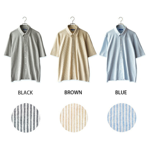 【日本製】 ワイシャツ メンズ 半袖 ビジネスカジュアル ストライプ オーガニックコットン 綿100% レギュラーカラー ブルー(SHKB24-071-bl)