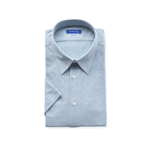 【日本製】 ワイシャツ メンズ 半袖 ビジネスカジュアル ストライプ オーガニックコットン 綿100% レギュラーカラー ブルー(SHKB24-071-bl)
