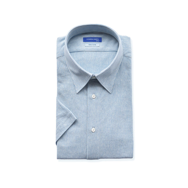 【日本製】 ワイシャツ メンズ 半袖 ビジネスカジュアル ストライプ オーガニックコットン 綿100% レギュラーカラー ブルー(SHKB24-071-bl)
