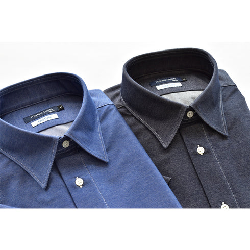 【日本製】 ワイシャツ メンズ ビジネス 半袖 デニムシャツ ノンアイロン 無地 レギュラーカラー ネイビー(SHKN25-092-na)