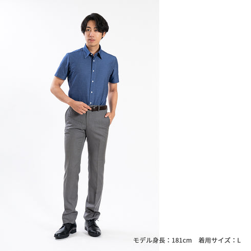 【日本製】 ワイシャツ メンズ ビジネス 半袖 デニムシャツ ノンアイロン 無地 レギュラーカラー ネイビー(SHKN25-092-na)