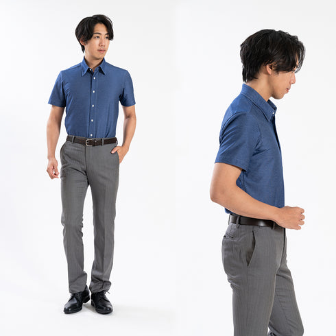 【日本製】 ワイシャツ メンズ ビジネス 半袖 デニムシャツ ノンアイロン 無地 レギュラーカラー ネイビー(SHKN25-092-na)
