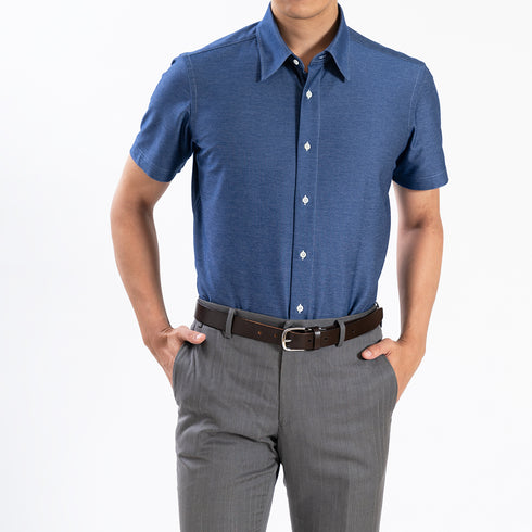 【日本製】 ワイシャツ メンズ ビジネス 半袖 デニムシャツ ノンアイロン 無地 レギュラーカラー ネイビー(SHKN25-092-na)