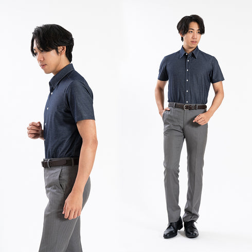 【日本製】 ワイシャツ メンズ ビジネス 半袖 デニムシャツ ノンアイロン 無地 レギュラーカラー ネイビー(SHKN25-092-na)